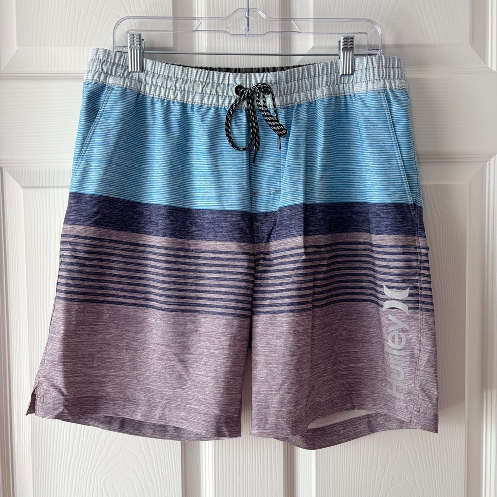 Hurley Mens Board Shorts Blue Grey Striped Swim Trunks Large Elastic Waist